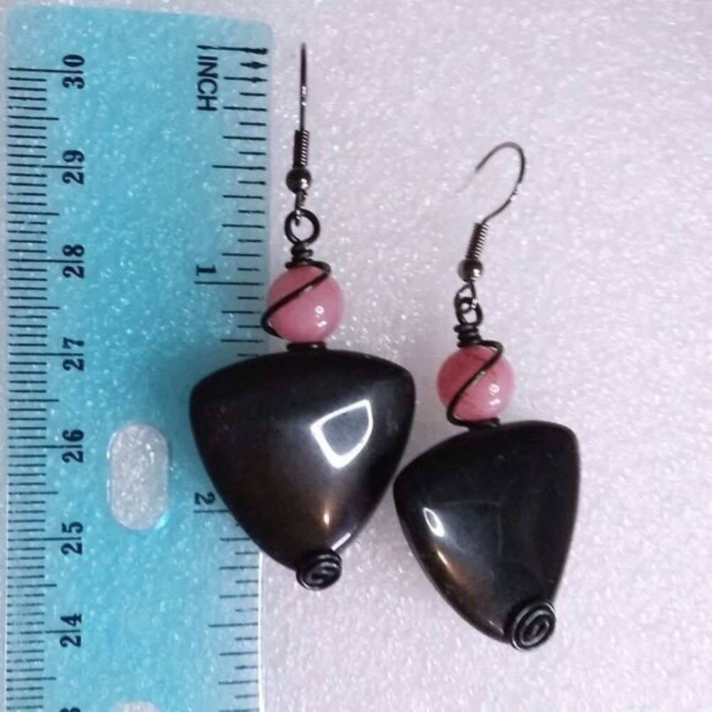 "Little Black Dress" Statement Earrings: Black Jasper & Pink Agate - Picture 9 of 10